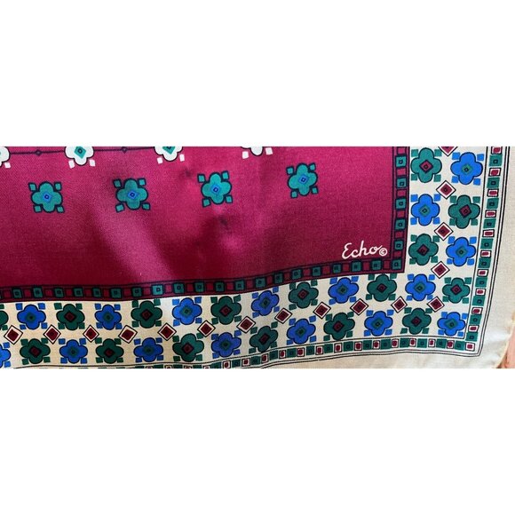 Vtg 1970’s ECHO Scarf Chinon Azlon Silk Scarf Maroon Blues Yellow Floral Japan - Picture 2 of 10